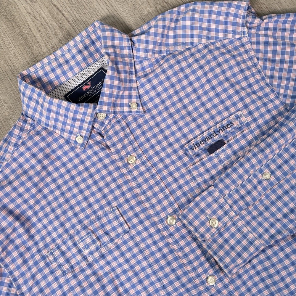 Vineyard Vines Performance‎ Harbor Shirt Mens M Blue Pink Gingham Plaid Fishing